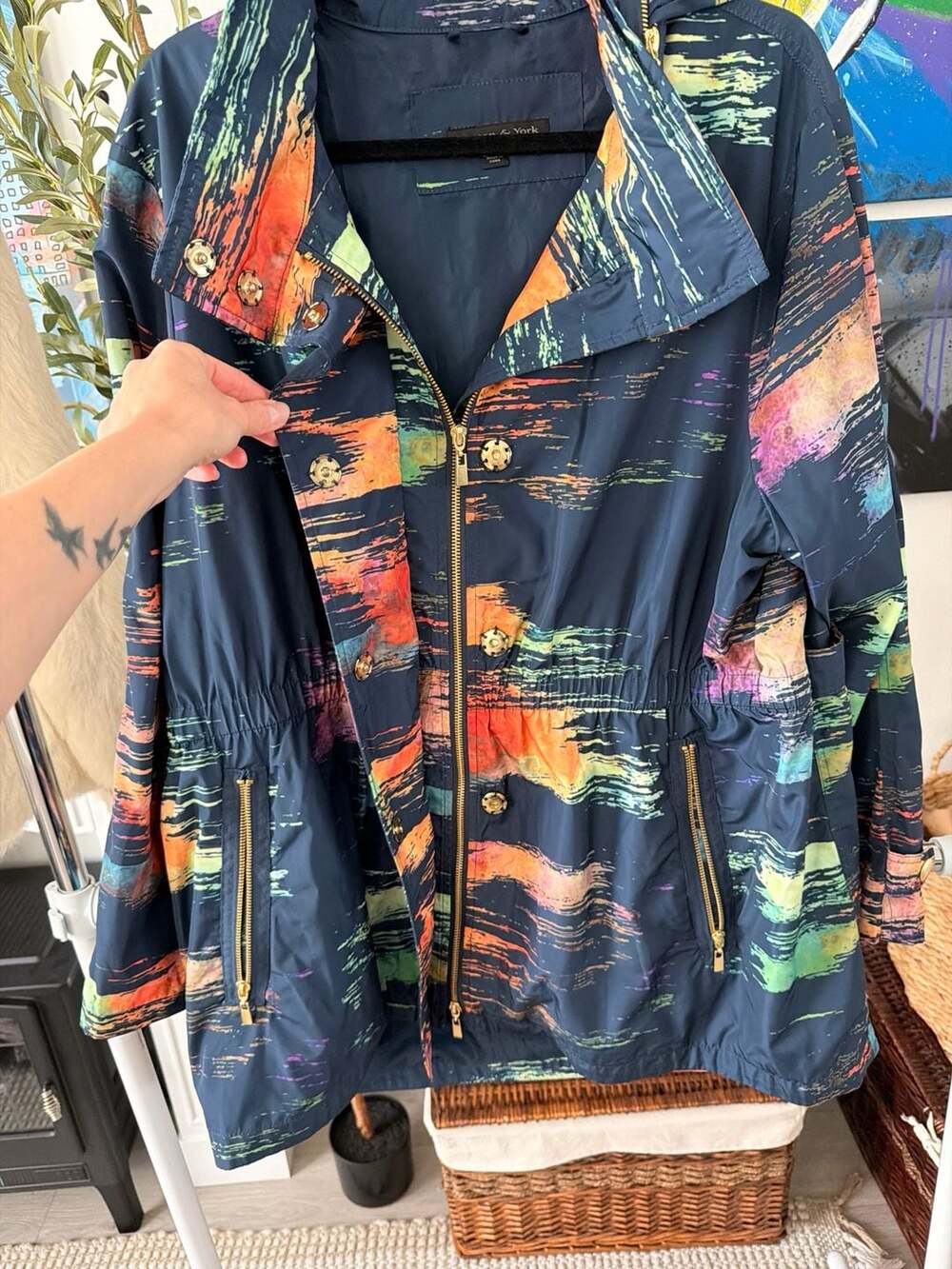 Preston & York Hooded Anorak Jacket Lightweight Gold Hardware Abstract XL